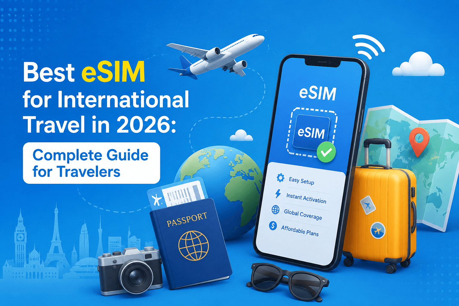 Best eSIM for international travel 2026 comparison with smartphone passport airplane and global connectivity icons