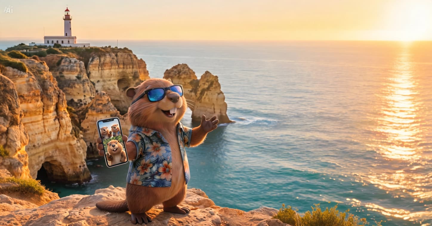 Claire the SimClaire beaver using an eSIM on the Algarve cliffs in Lagos Portugal