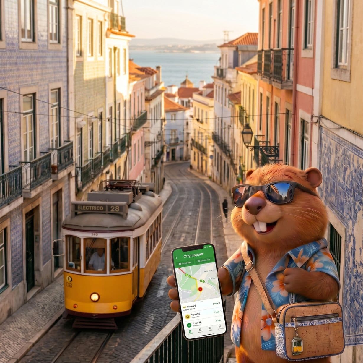 Claire the SimClaire beaver using an eSIM for Portugal in Lisbon