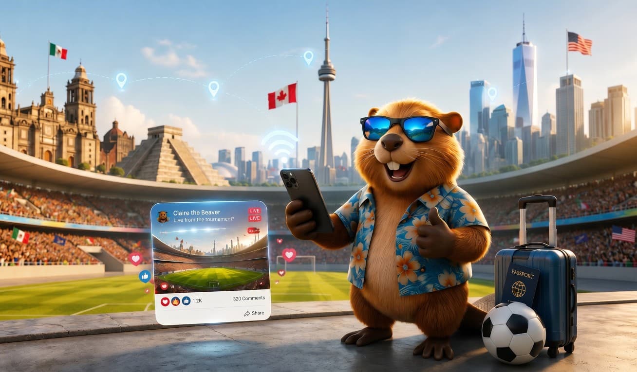 SiM Claire football travel guide 2026 — Claire the beaver connected across USA Canada and Mexico