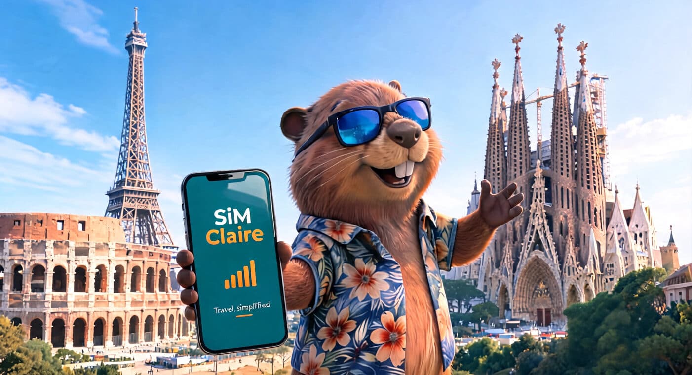 Claire the SiM Claire beaver with Europe eSIM data plans connected across France Italy and Spain 2026