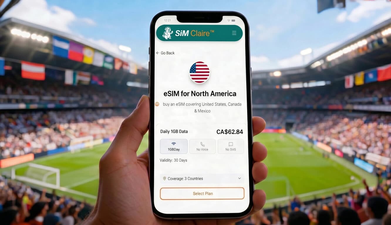 Hand holding a phone showing a Sim Claire eSIM for USA, Canada and Mexico — the best eSIM for World Cup 2026 — at a packed stadium