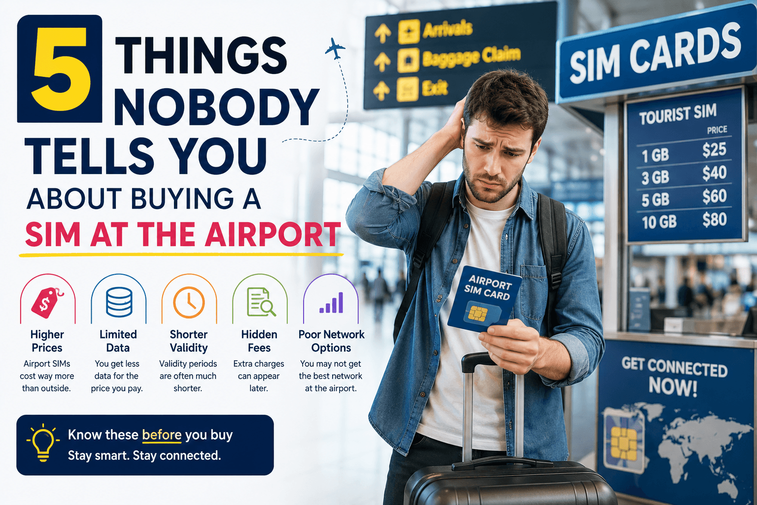 Traveler comparing an expensive airport SIM card at an airport kiosk, highlighting hidden costs, limited data plans, and why a travel eSIM can be a better alternative.