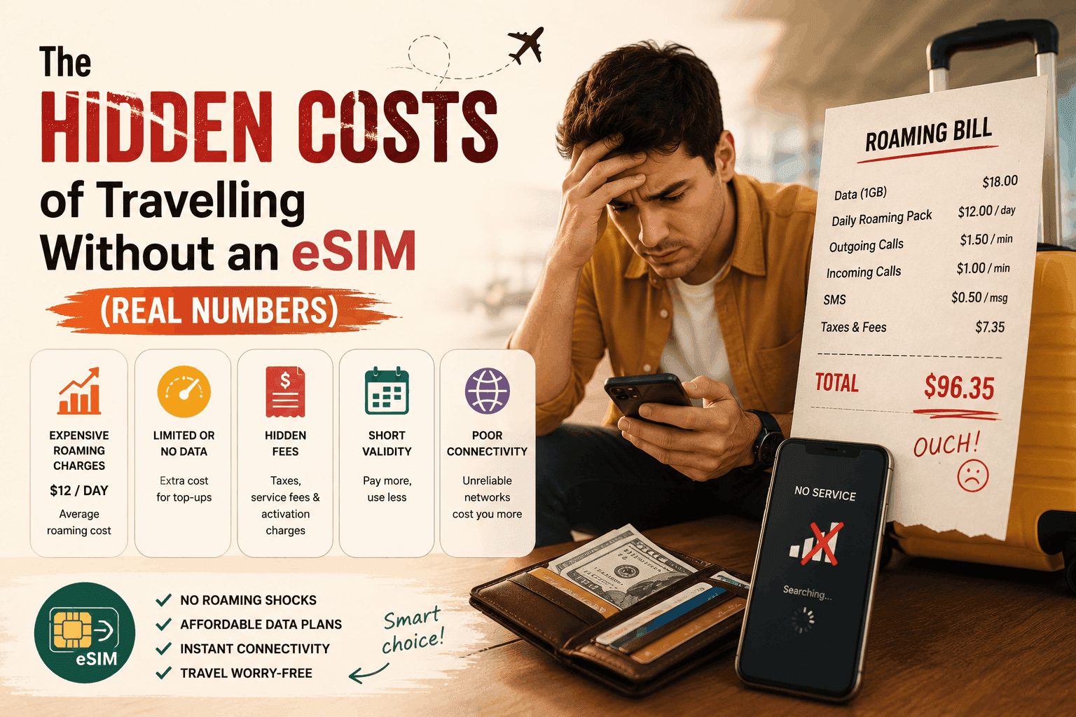 Traveler looking at an expensive roaming bill while abroad, illustrating the hidden costs of traveling without an eSIM, including roaming charges, hidden fees, limited connectivity, and unexpected mobile data expenses.