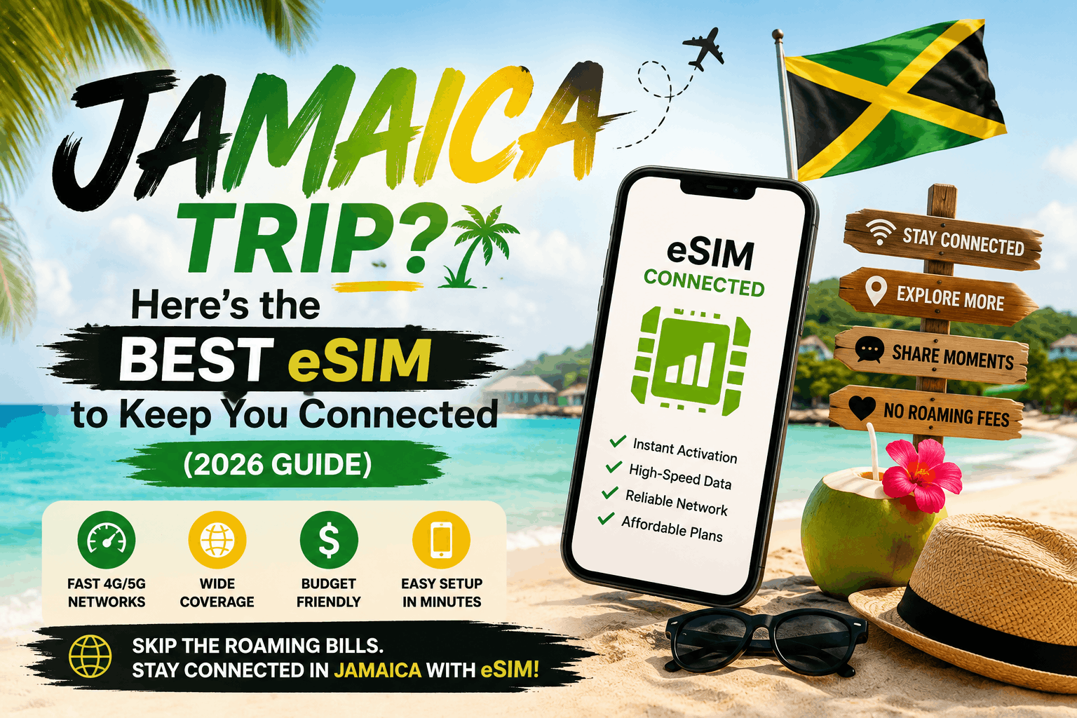 Jamaica travel eSIM guide showing a smartphone with eSIM connectivity, Jamaica flag, tropical beach, and benefits including fast data, wide coverage, and easy activation.