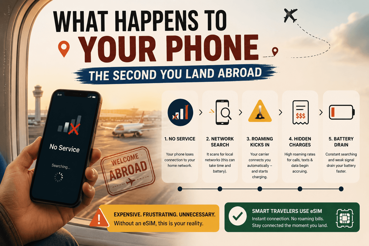 Traveler's smartphone showing no service after landing abroad, illustrating roaming activation, network search, hidden charges, battery drain, and the benefits of using a travel eSIM.