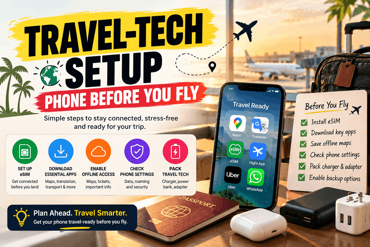 Travel-tech checklist showing a smartphone, eSIM setup, essential travel apps, offline maps, phone settings, charger, power bank, and travel accessories before an international flight.